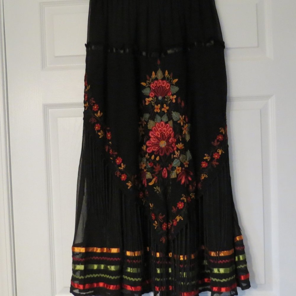 Anu Brand long black embroidered and fringed skirt